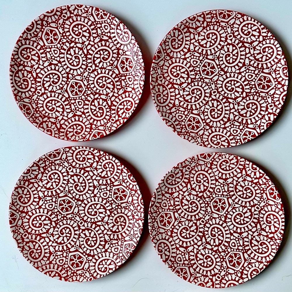 4 Crate & Barrel Delilah Salad Plates, Red, 8.5”